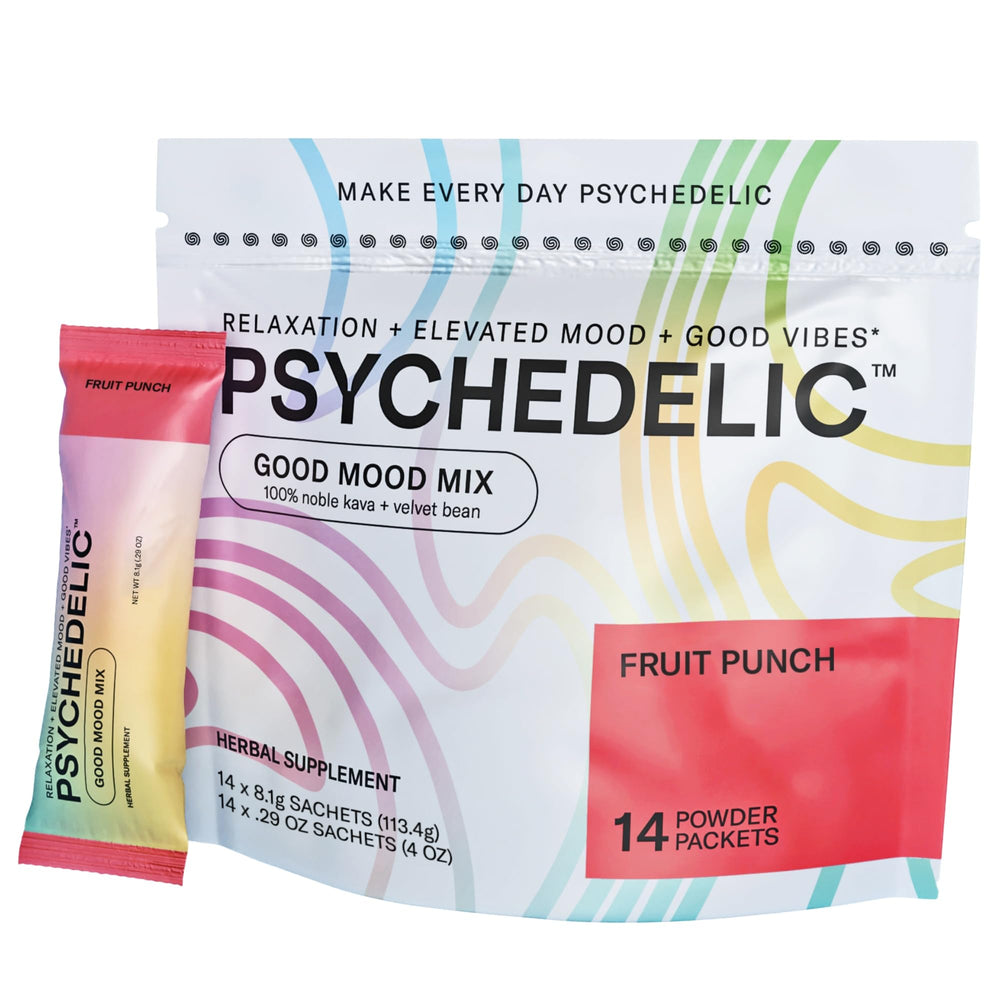 Psychedelic Water Good Mood Mix Fruit Punch packet is low calorie and stevia-sweetened.