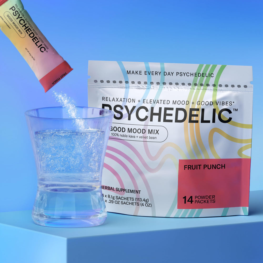 Psychedelic Water Good Mood Mix Fruit Punch packaging shows 14-stick box for easy purchase.