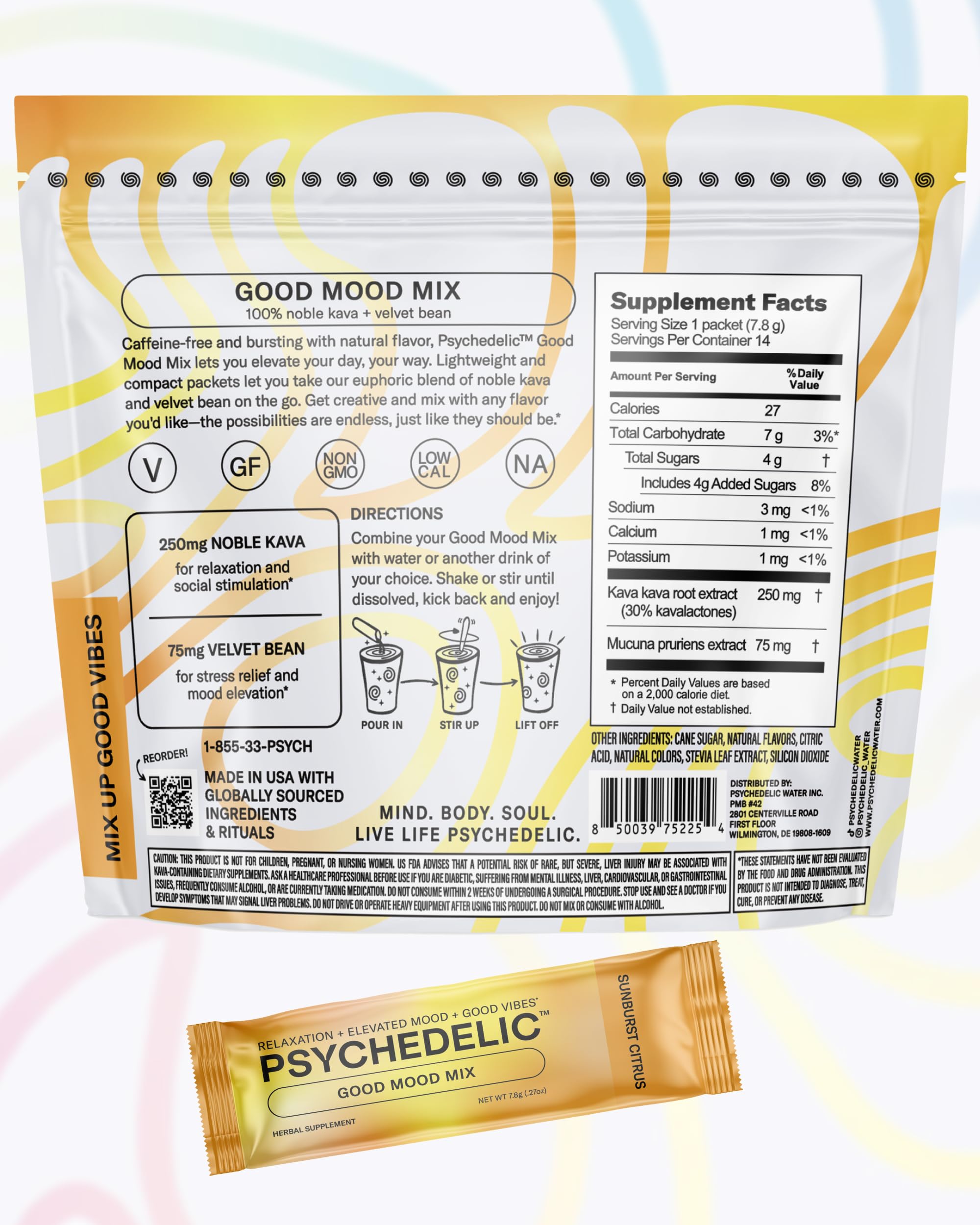 Illustration of ingredients in Psychedelic Water Calming Kava Drink Mix