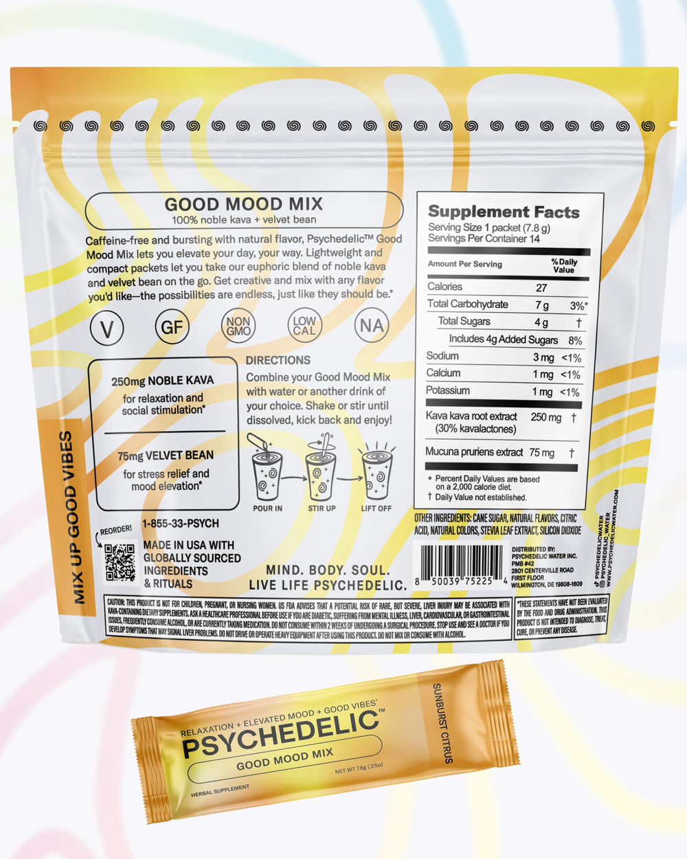 Illustration of ingredients in Psychedelic Water Calming Kava Drink Mix