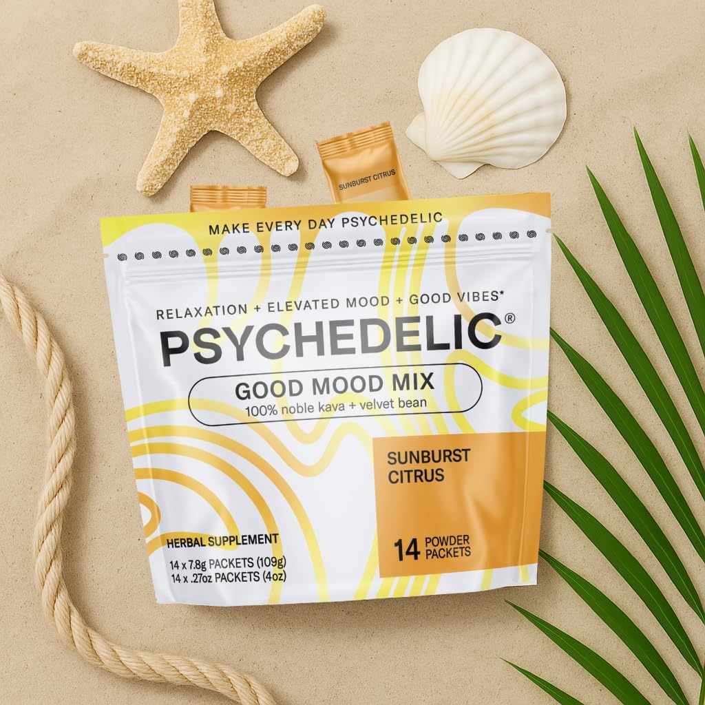 Packaging display of Psychedelic Water Calming Kava Drink Mix
