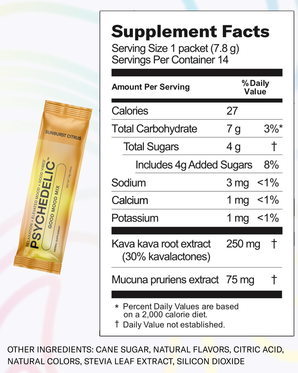 Single-serve packet display emphasizing low calories and stevia sweetness