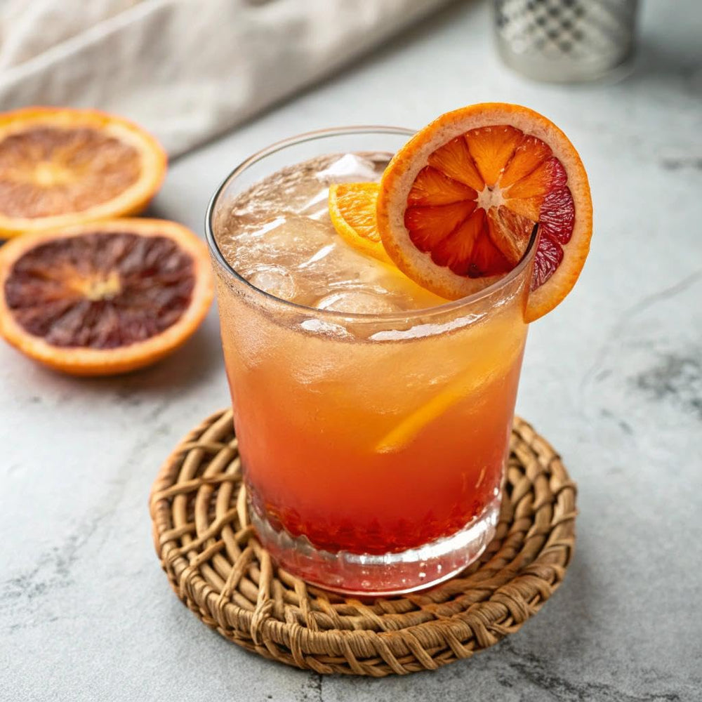 Sunburst citrus flavor close-up with glass, suggesting a flavorful, caffeine-free evening ritual