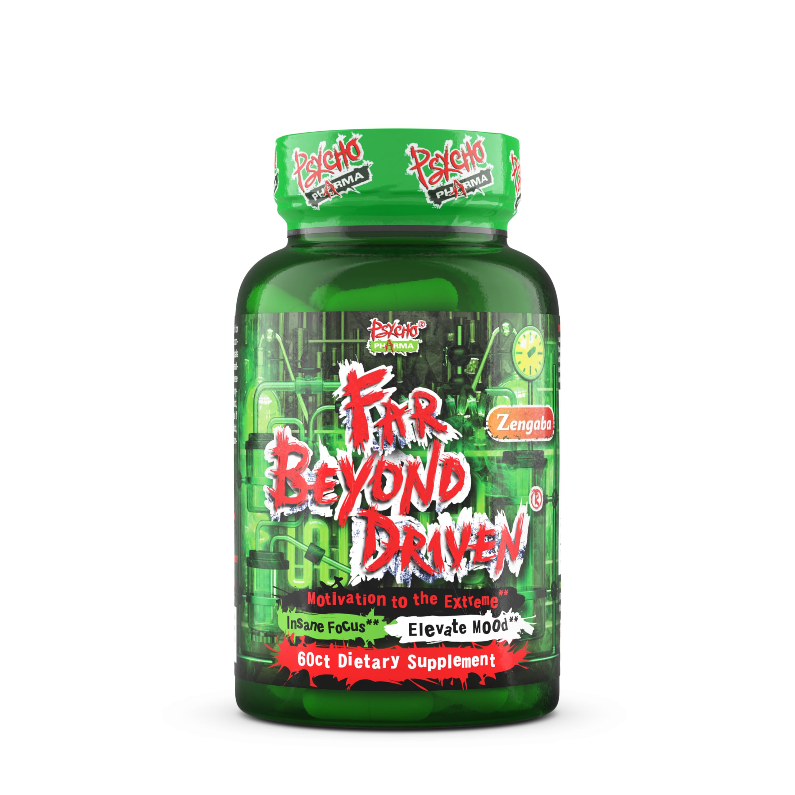 Psycho Pharma Far Beyond Driven bottle front, ideal for focused days
