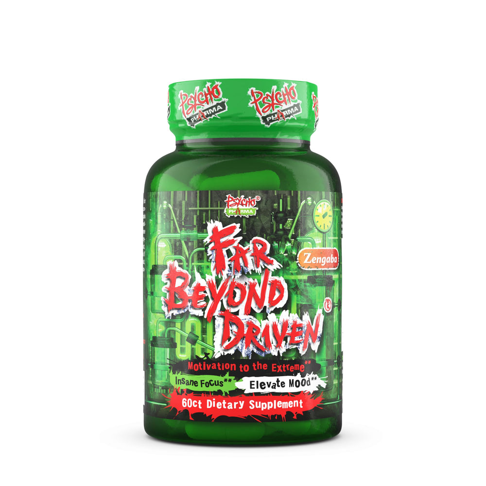 Psycho Pharma Far Beyond Driven bottle front, ideal for focused days