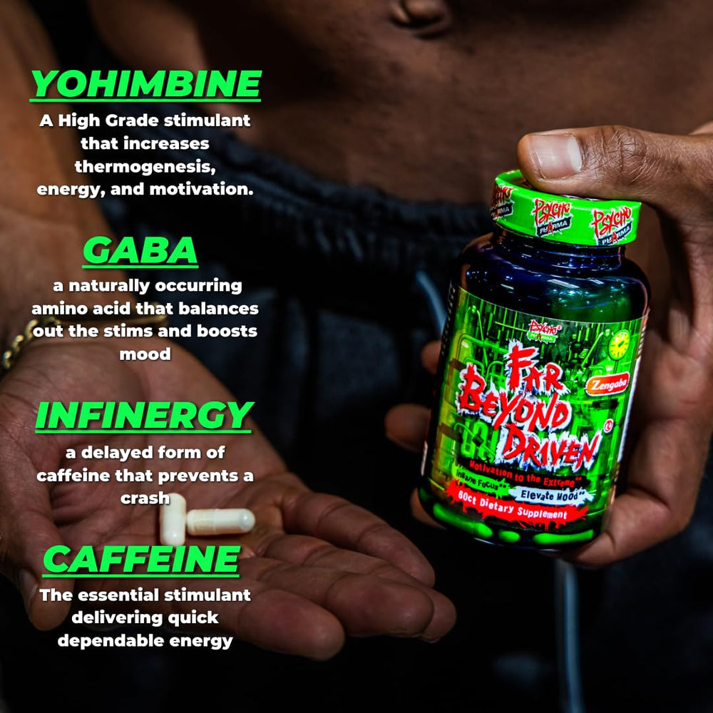 Psycho Pharma Far Beyond Driven user holding bottle, ready for work