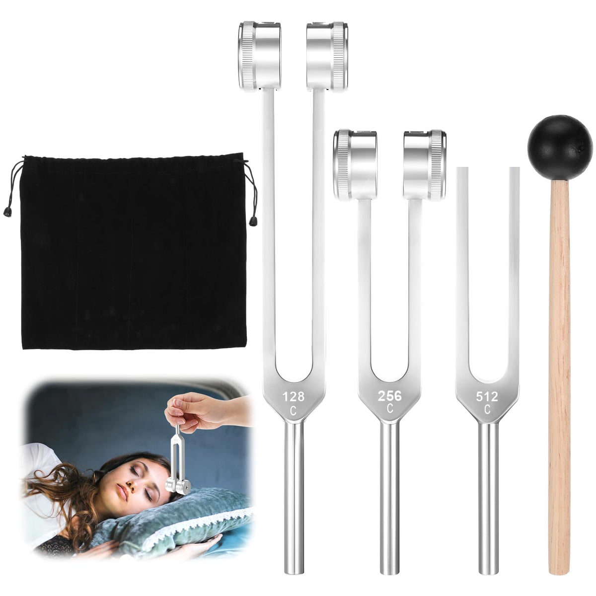 Ptwola tuning forks healing set with 128Hz, 256Hz, and 512Hz for sound therapy sessions.