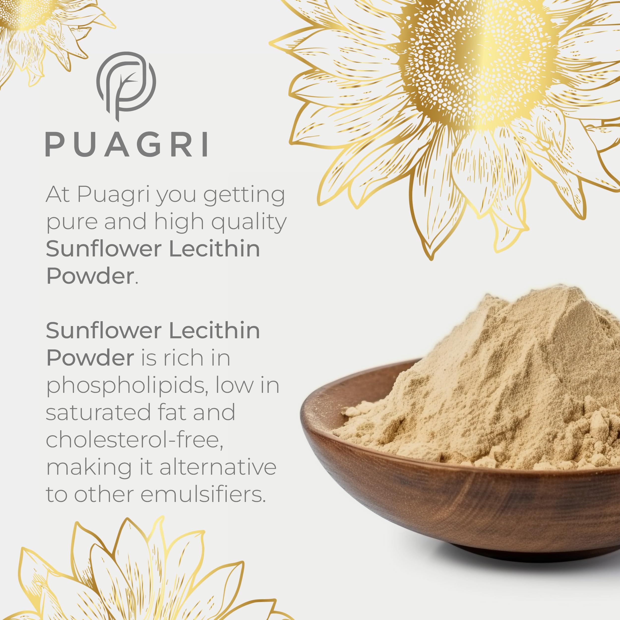 Puagri lecithin powder close-up showing fine texture for emulsions in baking.