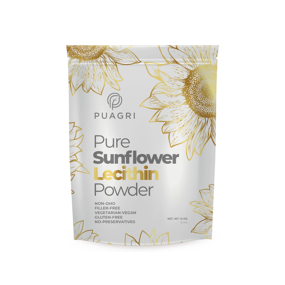 Puagri pure sunflower lecithin powder canister ready to emulsify dressings and smoothies.