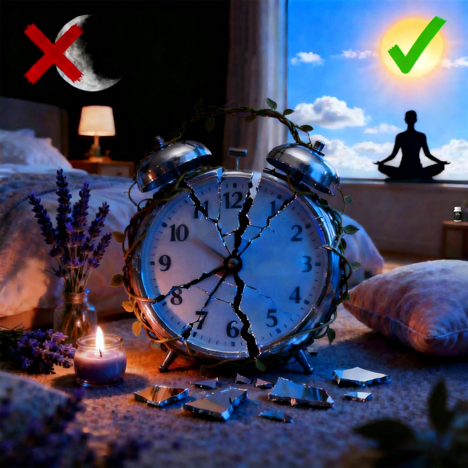 Pucges Hilucid on nightstand beside clock suggests winding down for sleep