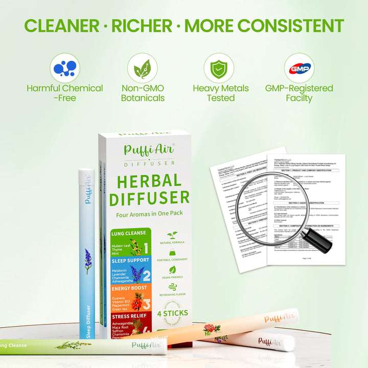PUFFIAIR diffuser pen closeup with sleek, portable design.