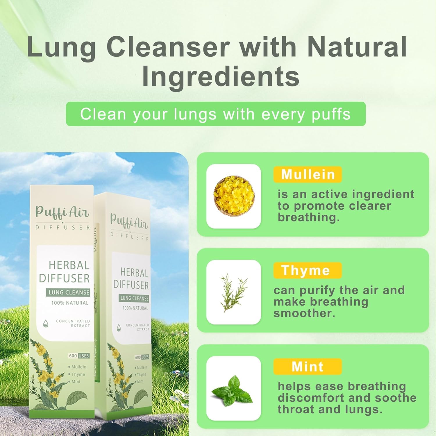PUFFIAIR Inner Balance Duo green purple diffuser set packaging highlighting clean plant-inspired formula