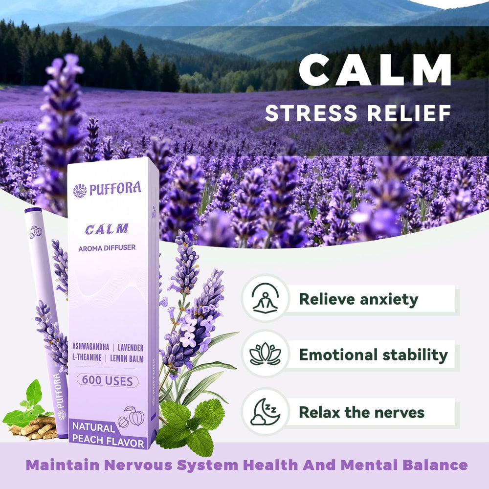 Close-up of Puffora ingredients showing Ashwagandha and Lavender.