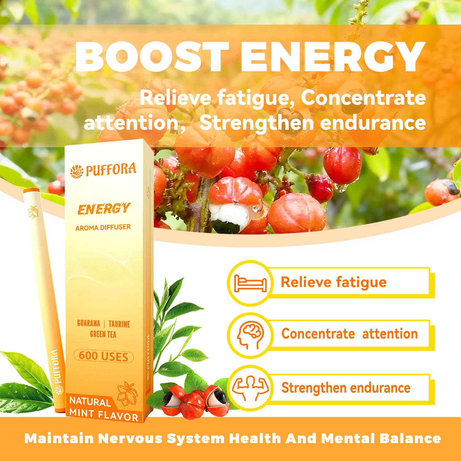 Puffora Diffuser Pen featuring taurine and B vitamins for steady daily vitality.