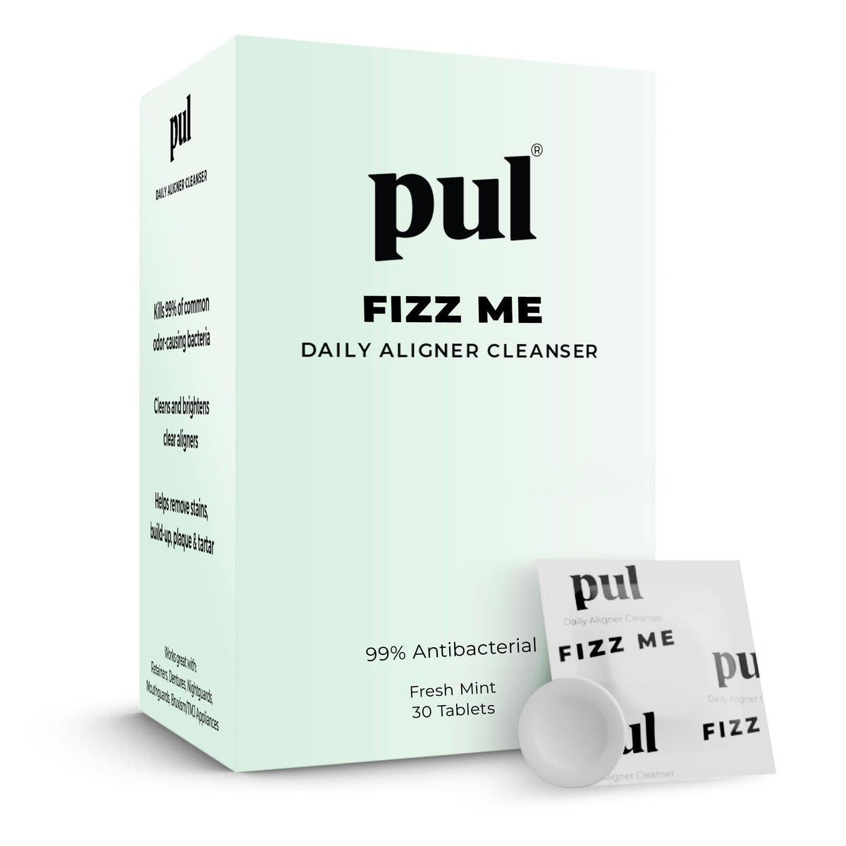 The Pultool PUL Cleaner Tablets pack for daily, gentle cleaning of aligners