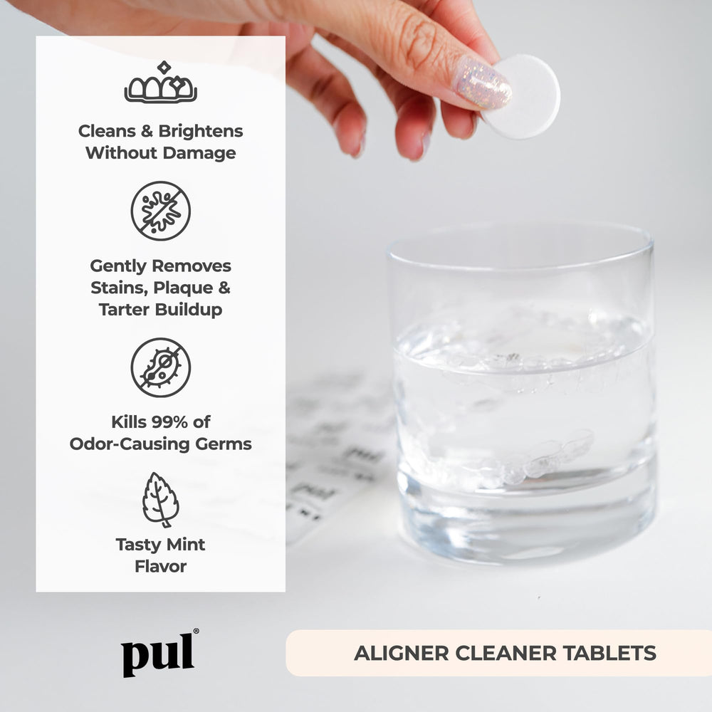 PUL Cleaner Tablets dissolve in warm water, cleaning aligners quickly
