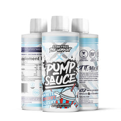 Pump Sauce bottle close-up emphasizes vegan, gluten-free, zero sugar