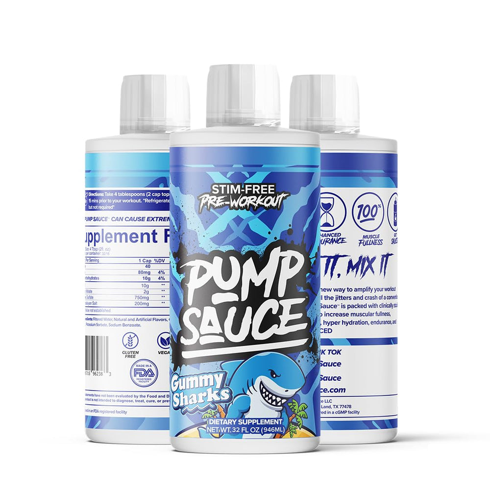 Pump Sauce gummy sharks flavor close-up emphasizes tasty, convenient training fuel.