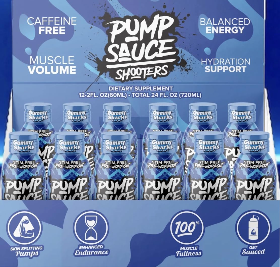 Pump Sauce Shooters Gummy Sharks 2oz bottle front view, caffeine-free pre-workout option