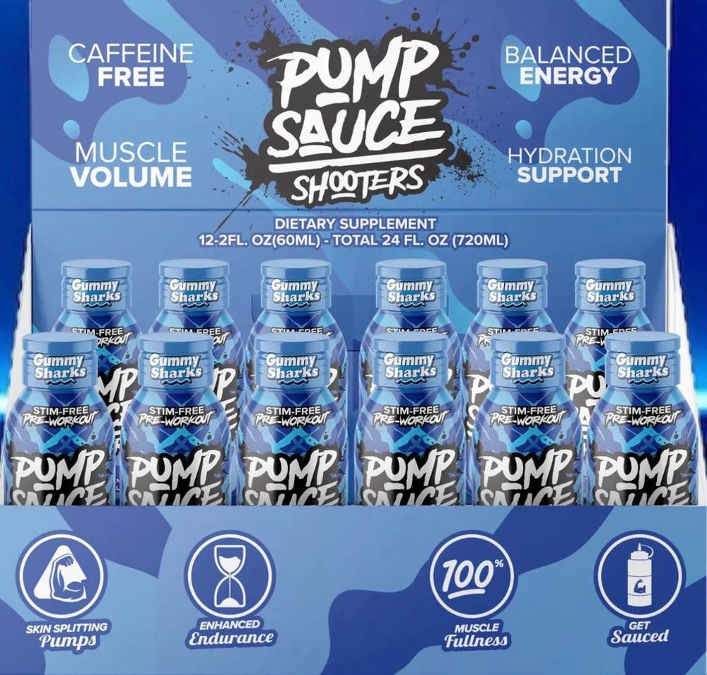 Pump Sauce Shooters Gummy Sharks 2oz bottle front view, caffeine-free pre-workout option