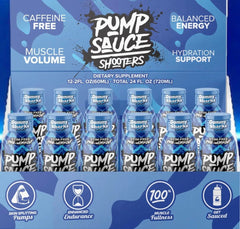 Pump Sauce Shooters Gummy Sharks 2oz bottle front view, caffeine-free pre-workout option