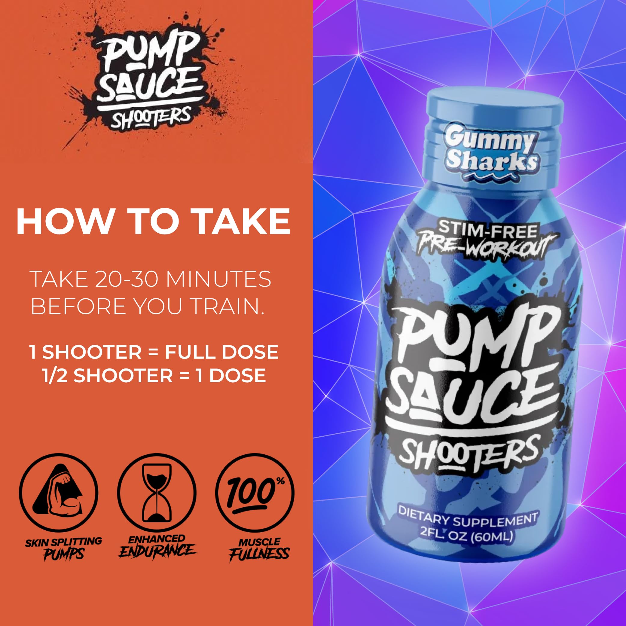 Pump Sauce Shooters Gummy Sharks ingredients label shows vegan and gluten-free notes