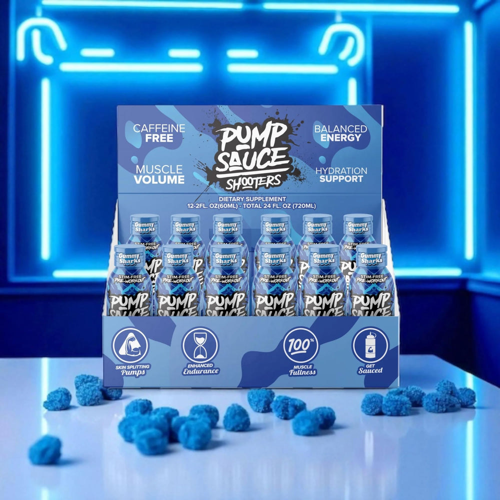 Pump Sauce Shooters Gummy Sharks on-the-go setup for the gym or travel