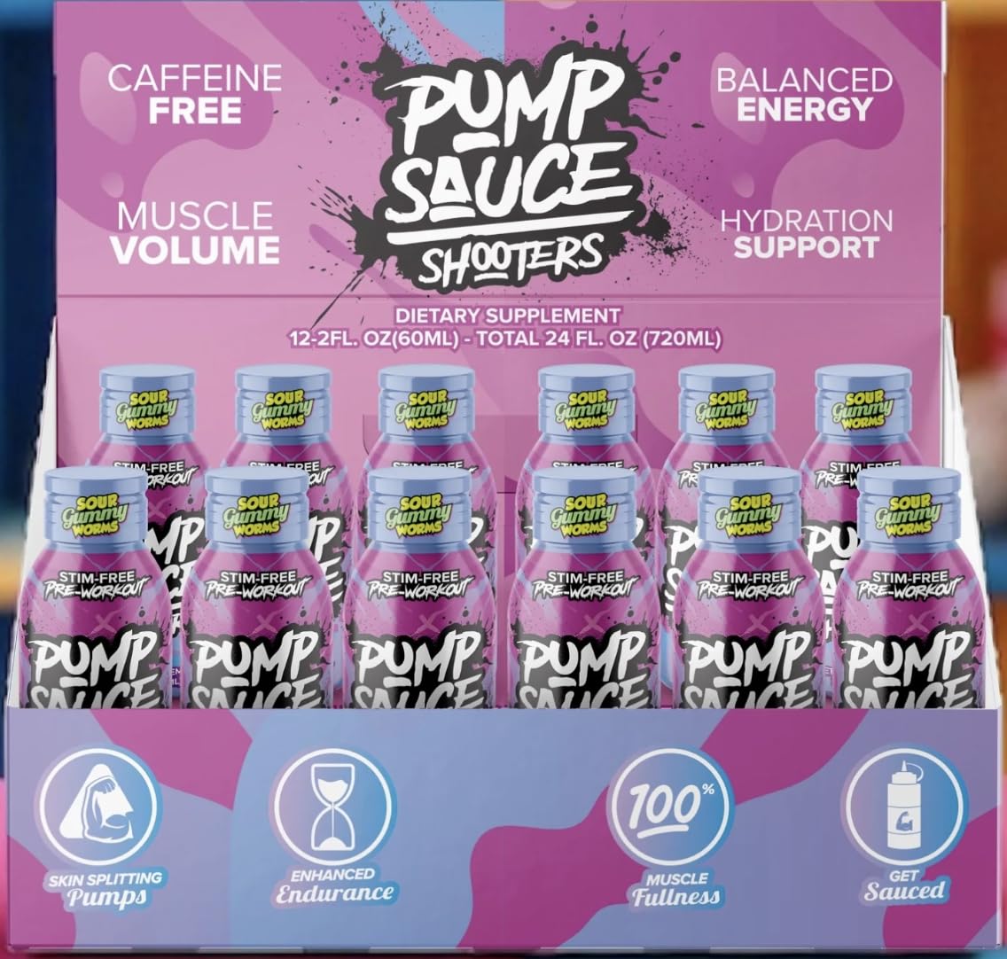 Pump Sauce Shooters Gummy Worms 2oz bottle for on-the-go pre-workout energy
