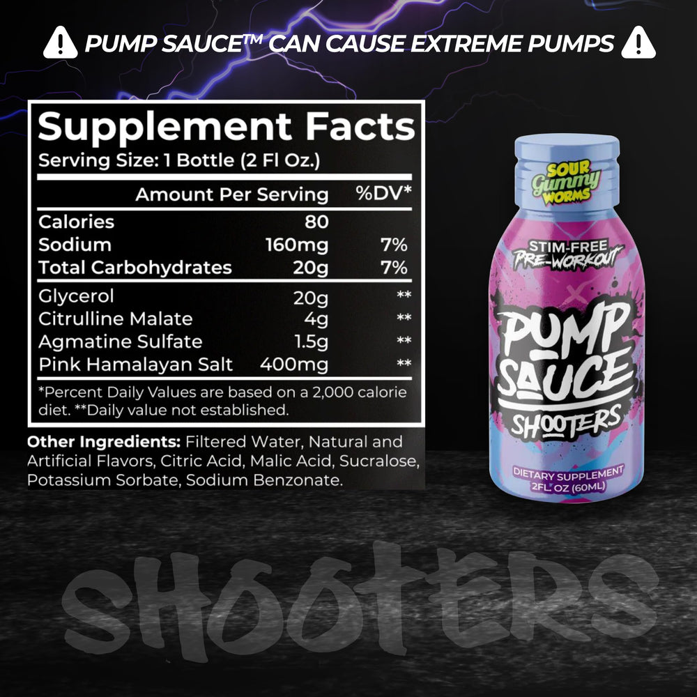 Pump Sauce Shooters Gummy Worms label showing sour gummy worm flavor