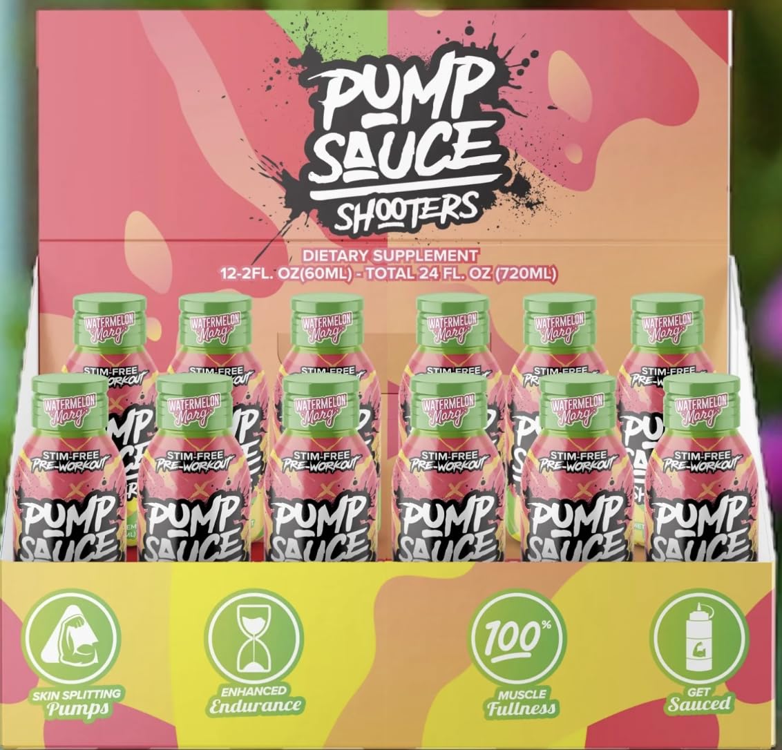 Pump Sauce Shooters Watermelon Margarita bottle shows on-the-go 2oz size for workouts.