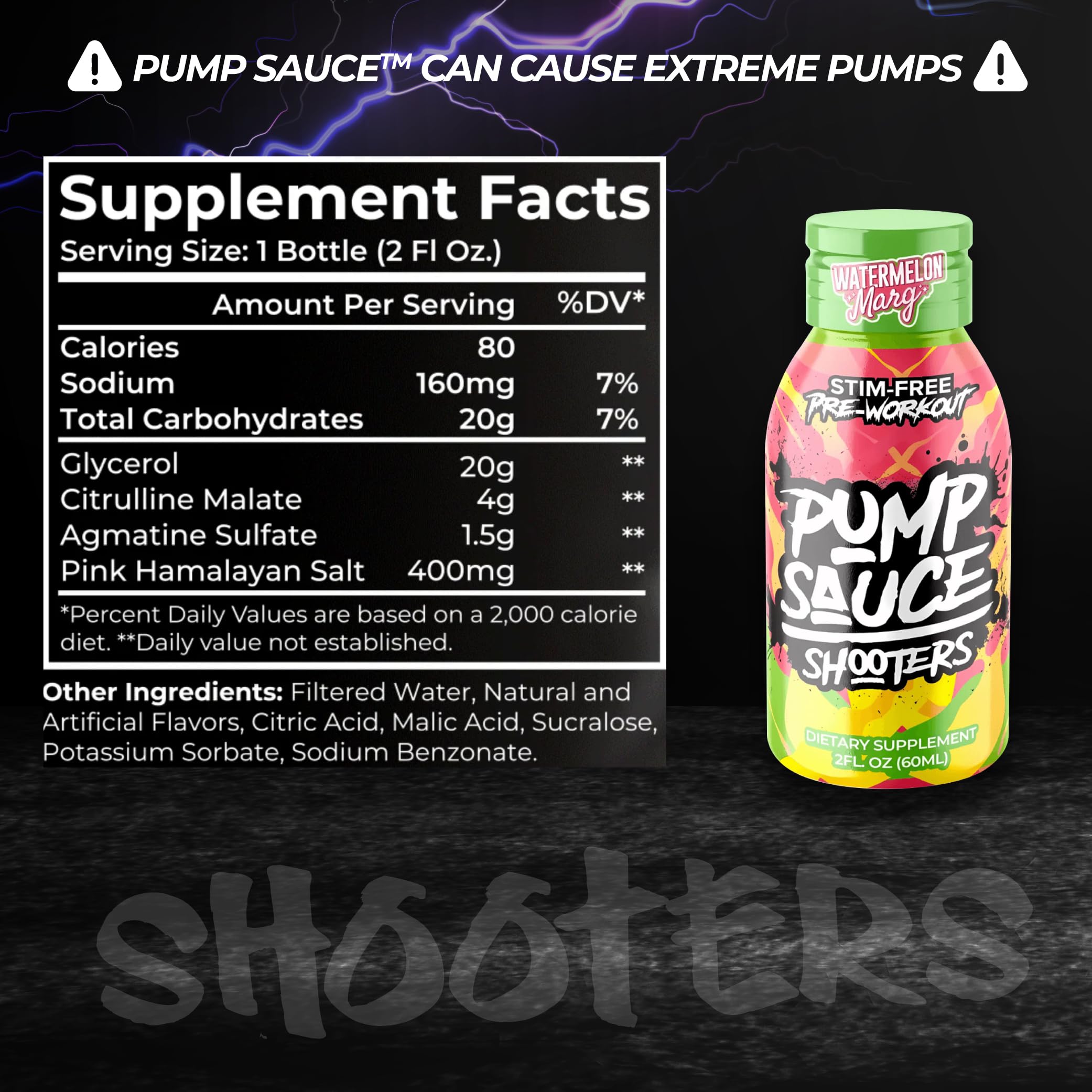 Close-up of Pump Sauce Shooters Watermelon Margarita bottle highlighting vibrant flavor color.
