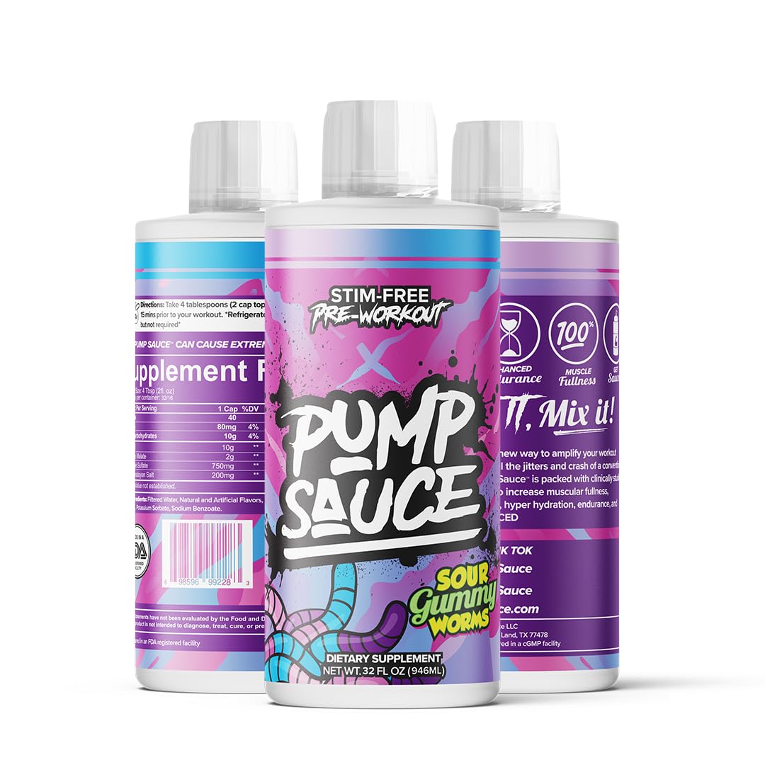 Pump Sauce liquid close-up highlighting stim-free pre-workout dosing.