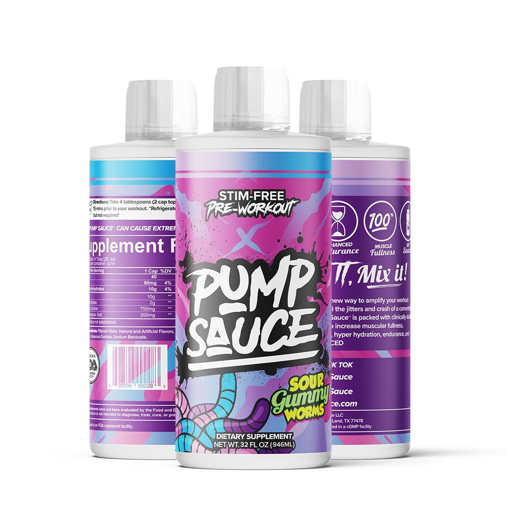Pump Sauce liquid close-up highlighting stim-free pre-workout dosing.