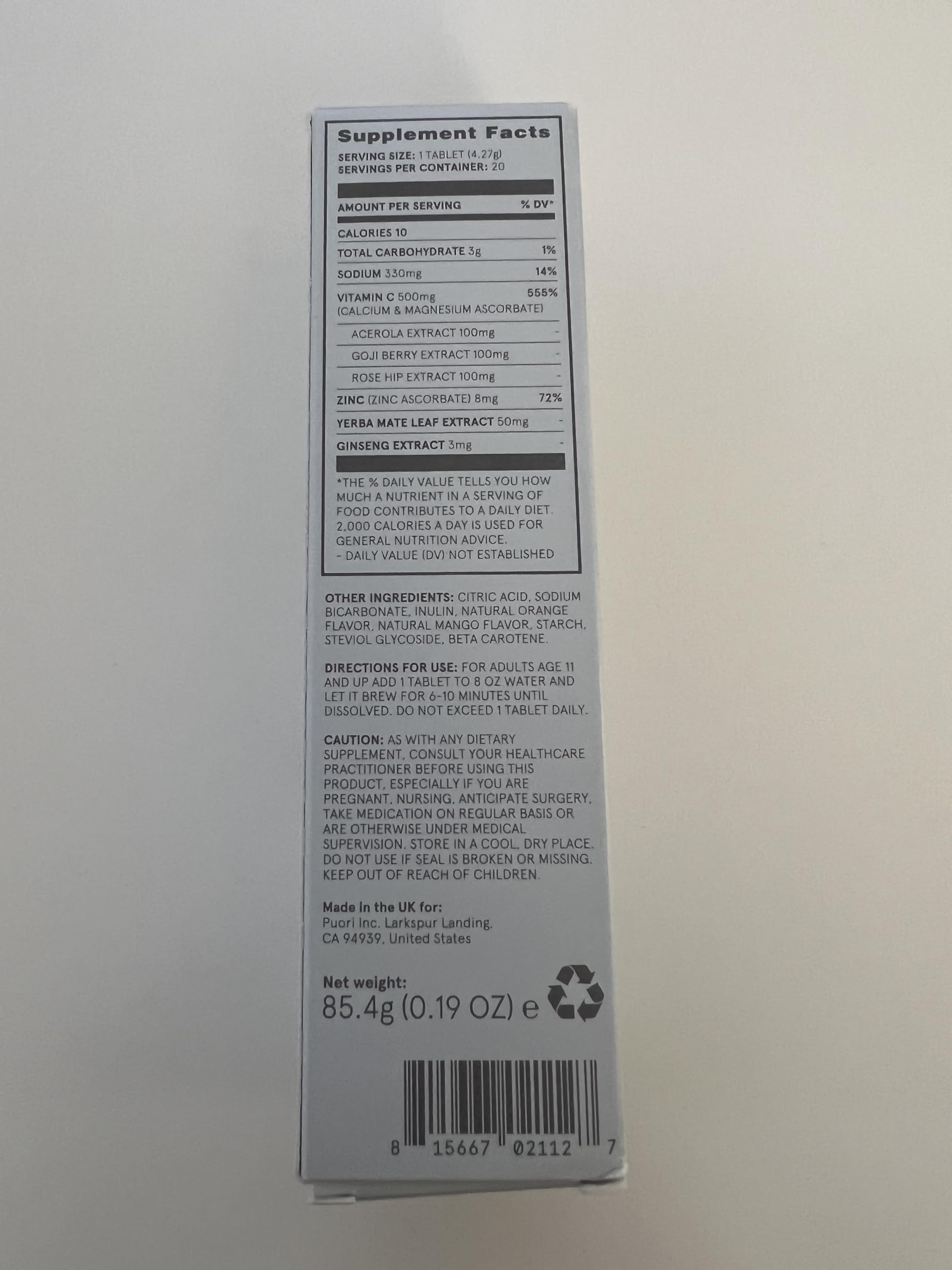 Nutrition facts and purity indicators on Puori C3 packaging.