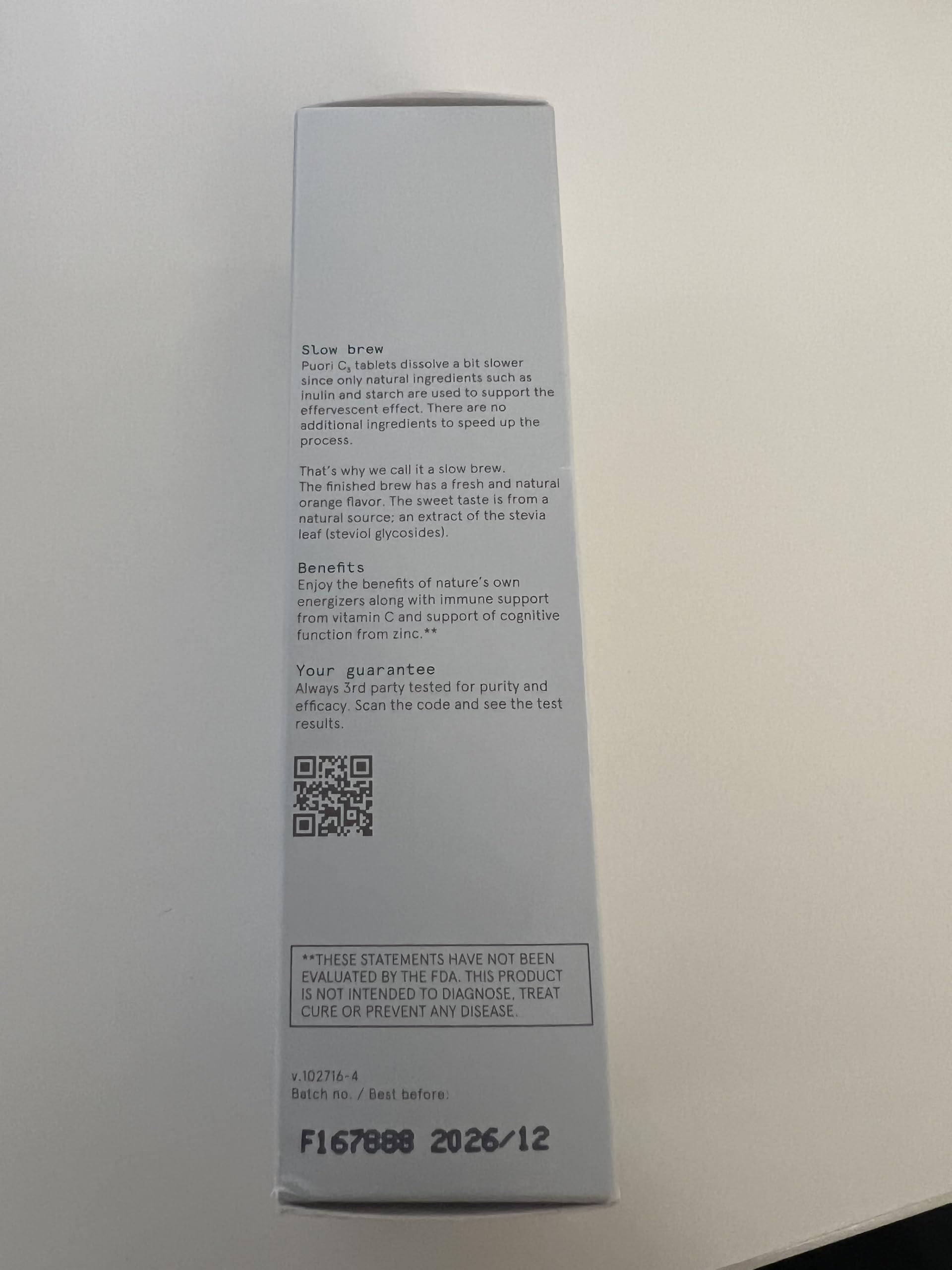 Puori packaging and label highlighting transparency and quality.