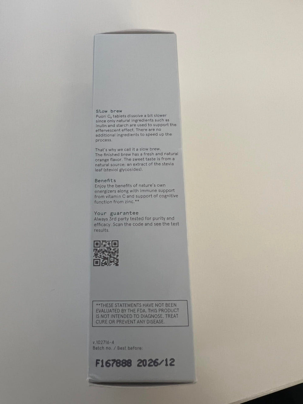 Puori packaging and label highlighting transparency and quality.