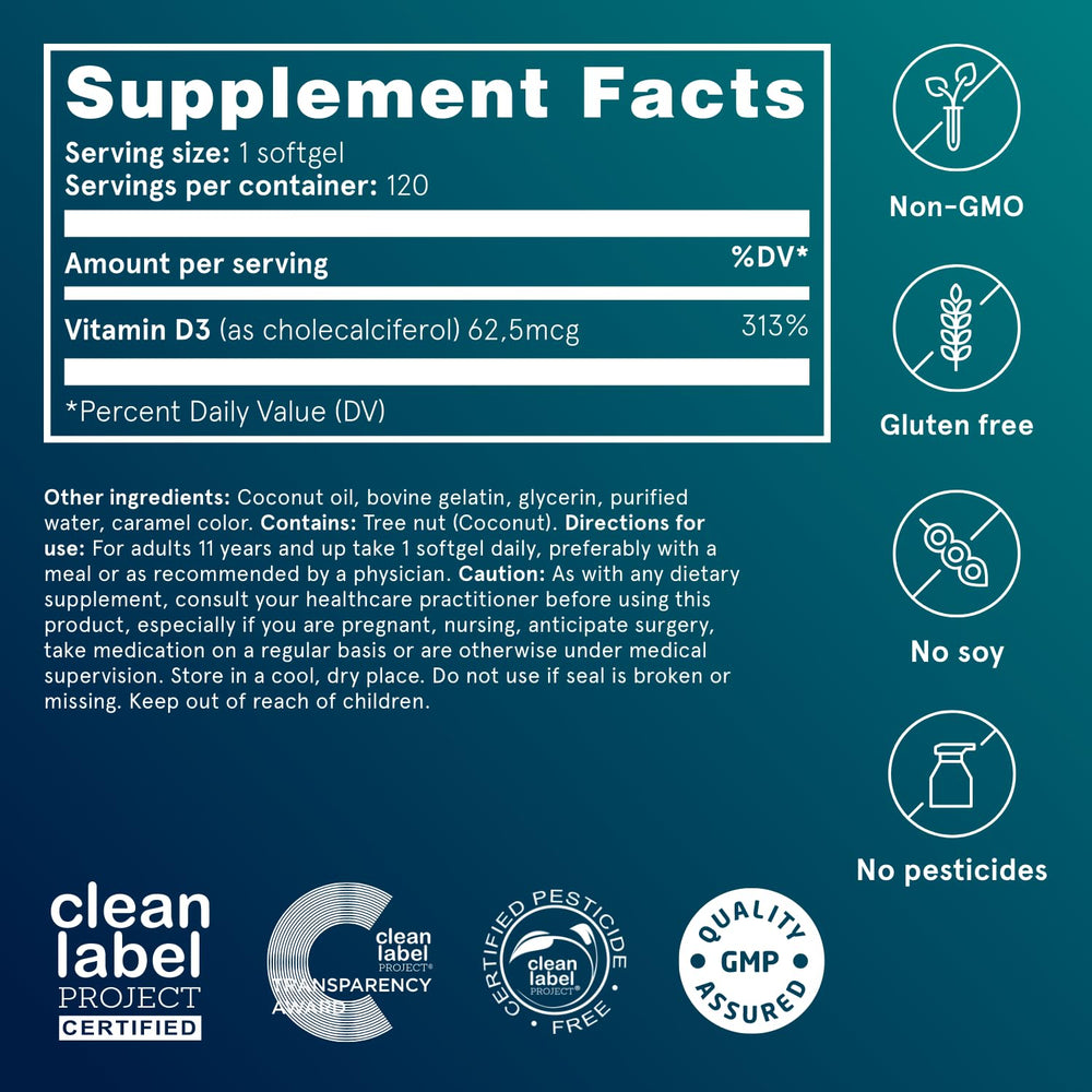Puori D3 Softgels non-GMO gluten-free badge shown.