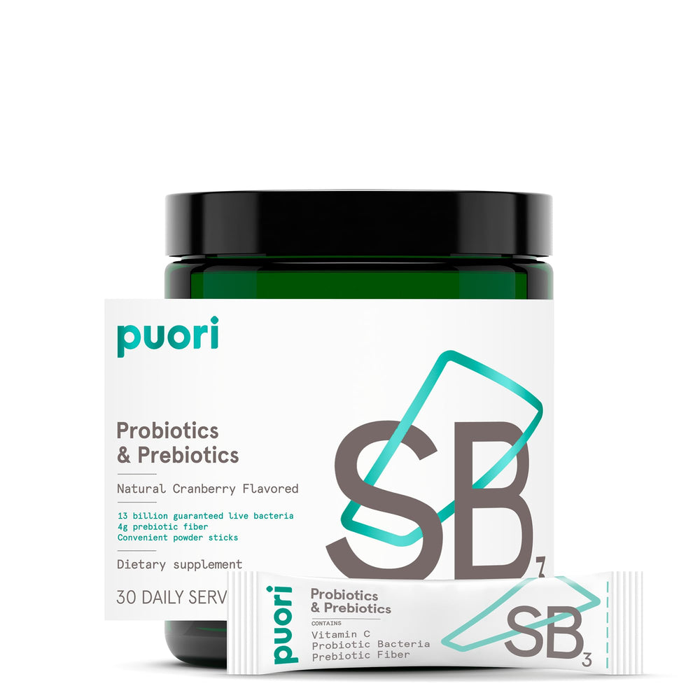 Puori Daily Probiotics bottle showing label promoting gut balance for daily support.