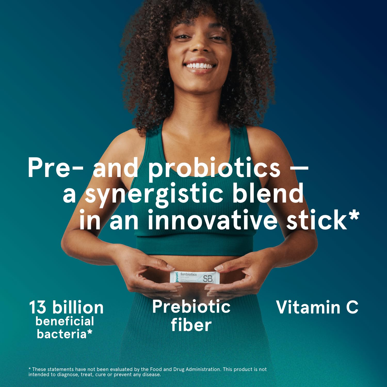 Puori Daily Probiotics fiber blend visual underscores four grams of fiber.