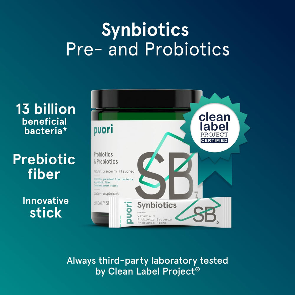 Puori Daily Probiotics label closeup highlighting CFU count and fiber blend.