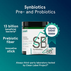 Puori Daily Probiotics label closeup highlighting CFU count and fiber blend.