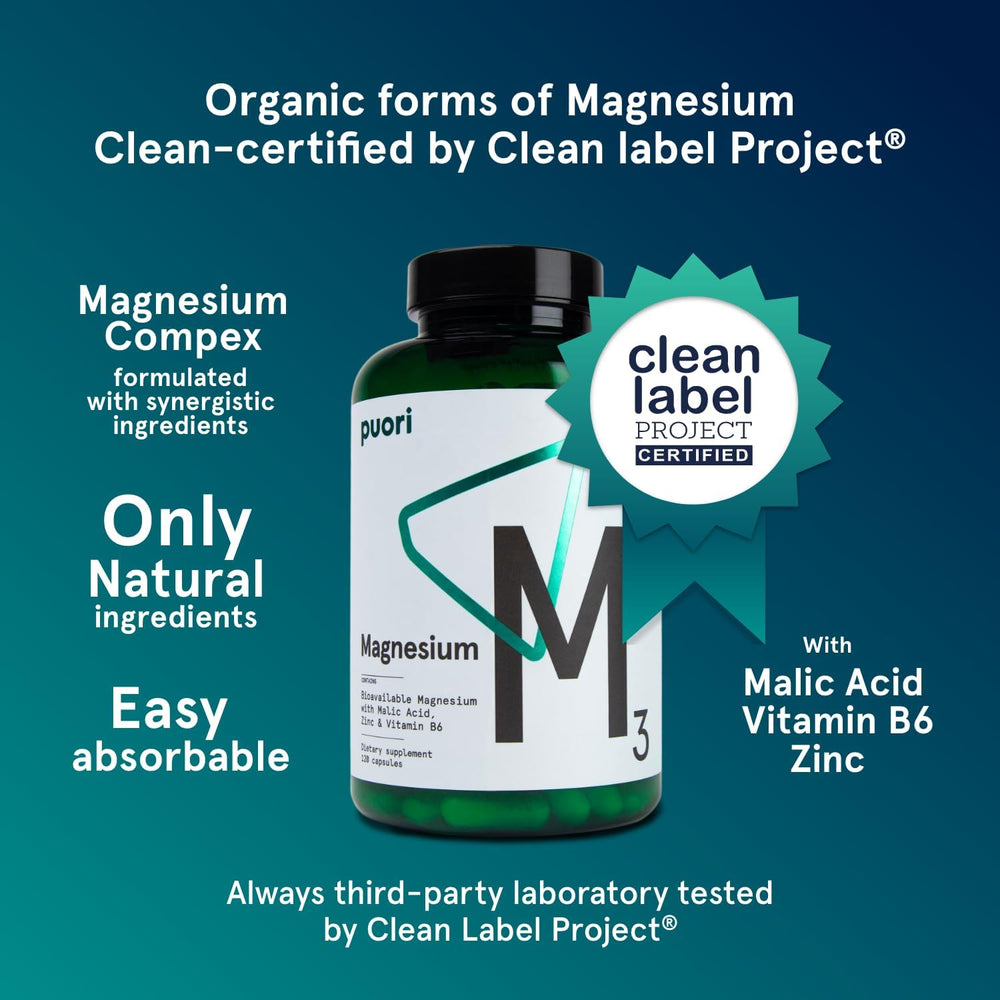 Puori M3 capsules closeup highlight vegan magnesium blend for muscle function