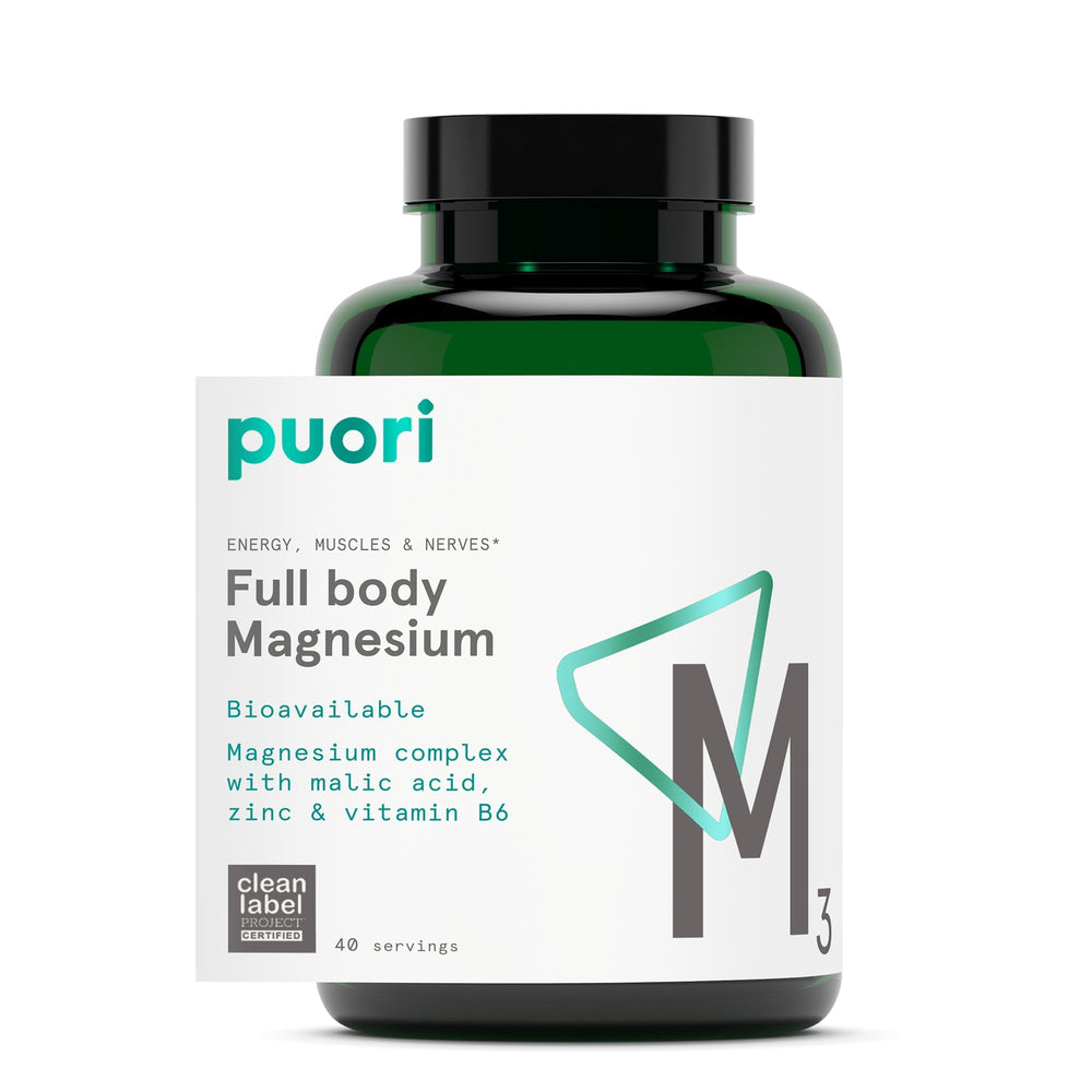 Puori M3 magnesium complex bottle shown; high absorption formula supports energy and restful sleep