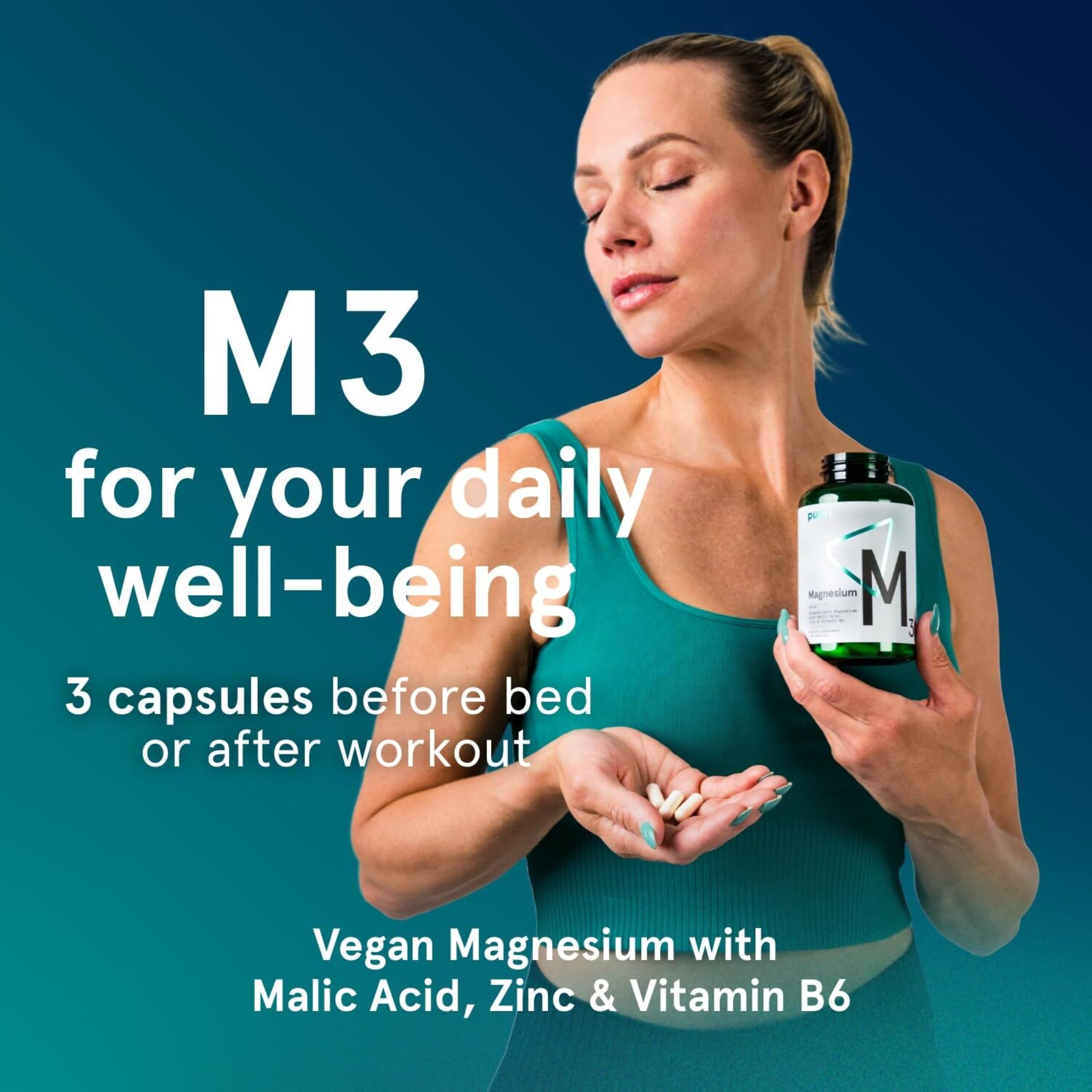 Puori M3 vegan capsules on clean surface showcases sustainable supplement choice