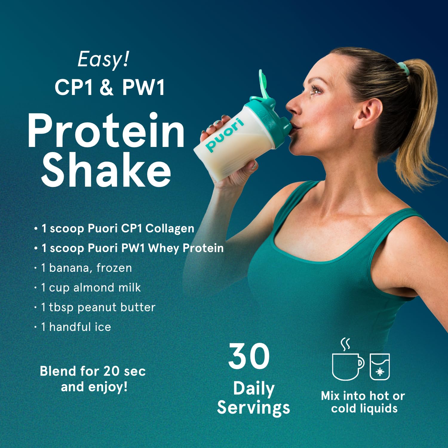 Puori Pure Collagen Peptides bottle with label and spoon on countertop.