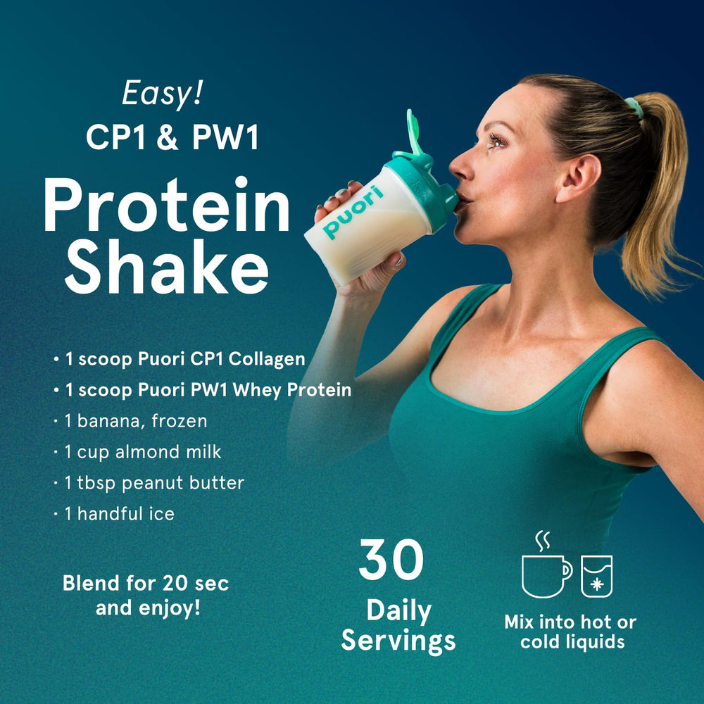 Puori Pure Collagen Peptides bottle with label and spoon on countertop.