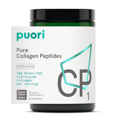 Puori Pure Collagen Peptides packet closeup highlighting skin and joint support.