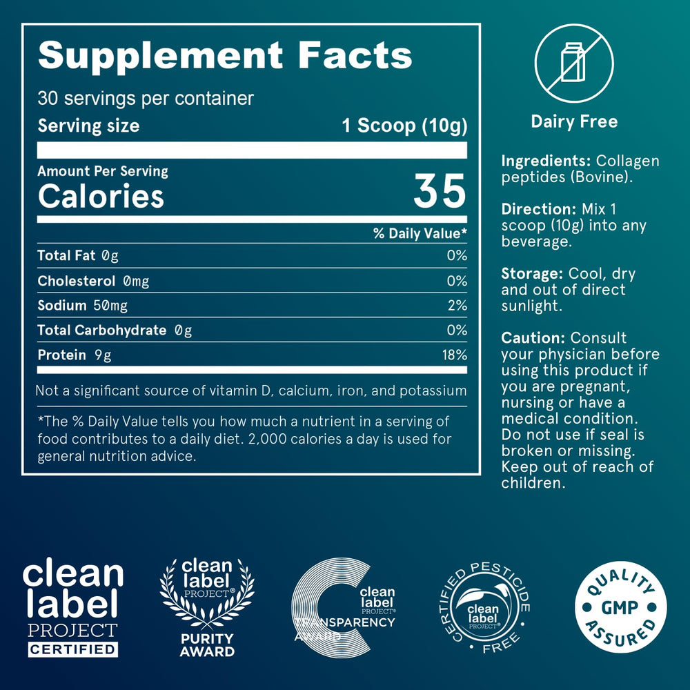 Puori Pure Collagen Peptides scoop beside a glass after mixing.