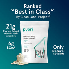 Puori PW1 Bourbon Vanilla tub label highlights non-GMO and hormone-free ingredients.