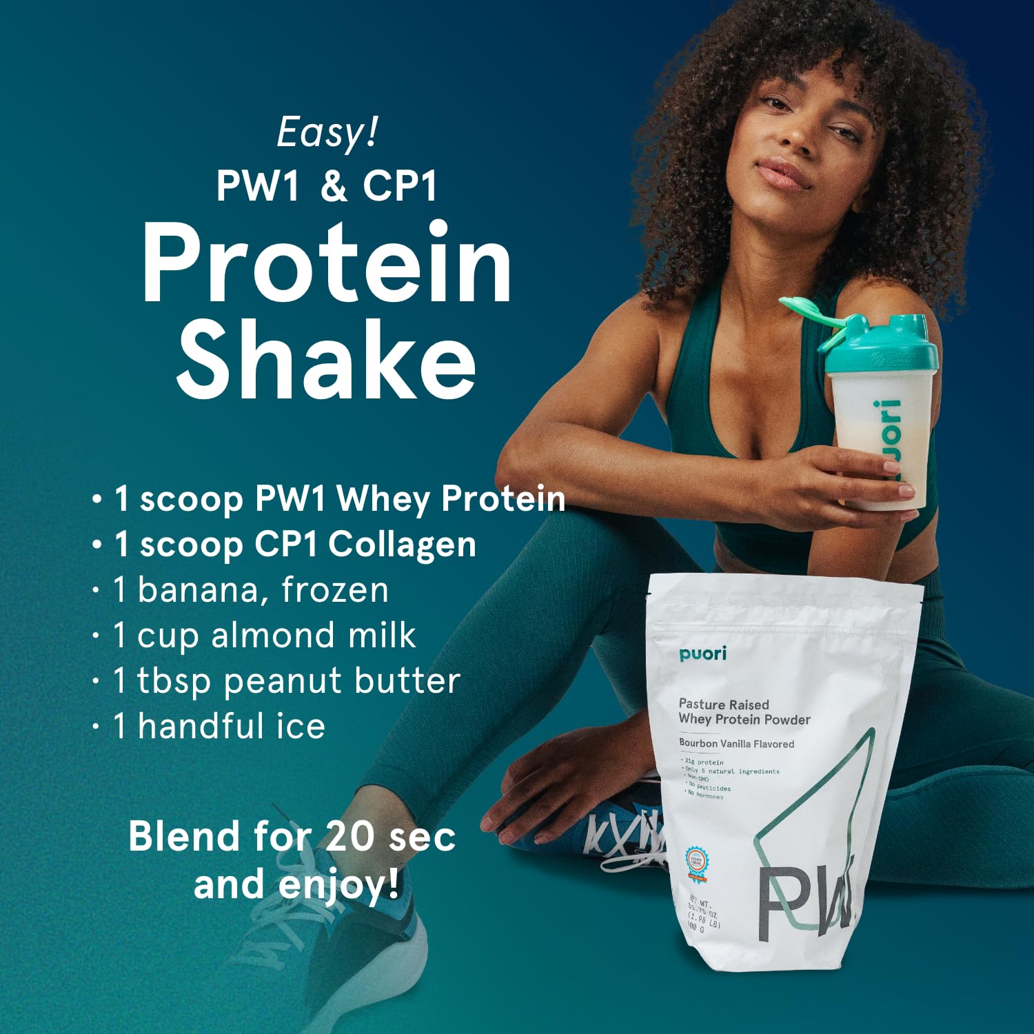 Puori PW1 smoothie with fruits and greens, showcasing versatile use.